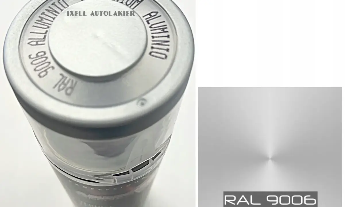 Puszka z lakierem IXELL. Na wieczku widnieje napis "RAL 9006 ALUMINIUM", a obok próbka koloru RAL 9006 White Aluminium (Metallic).