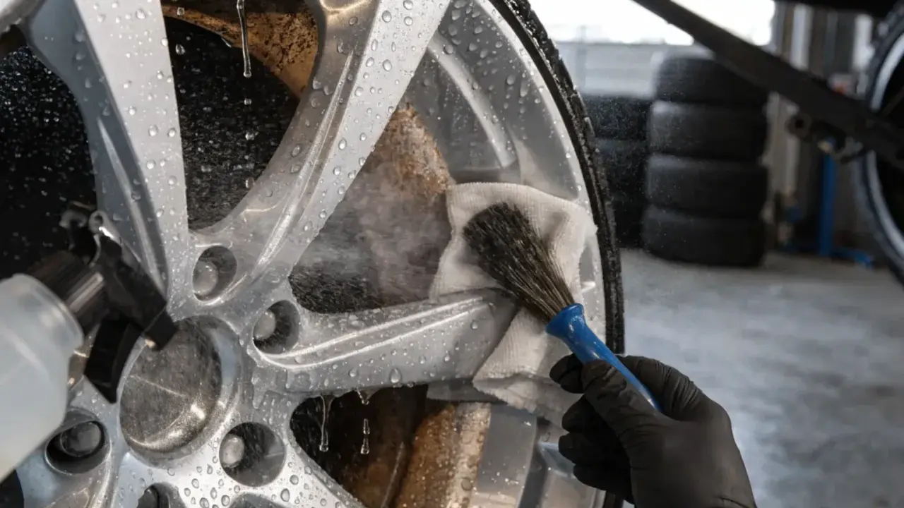 Szczotkowanie i spryskiwanie felg aluminiowych wodą podczas ich czyszczenia.