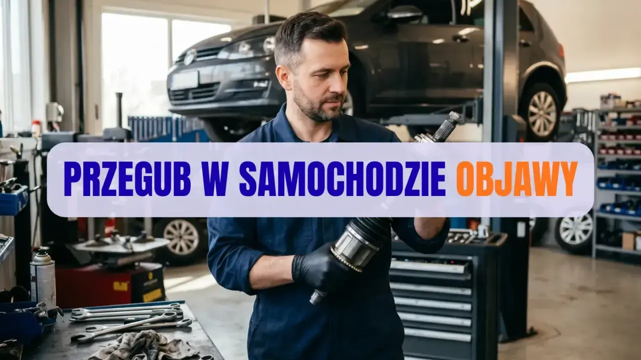 Mechanik w warsztacie samochodowym trzyma przegub. Na ekranie napis "Przegub w samochodzie objawy".