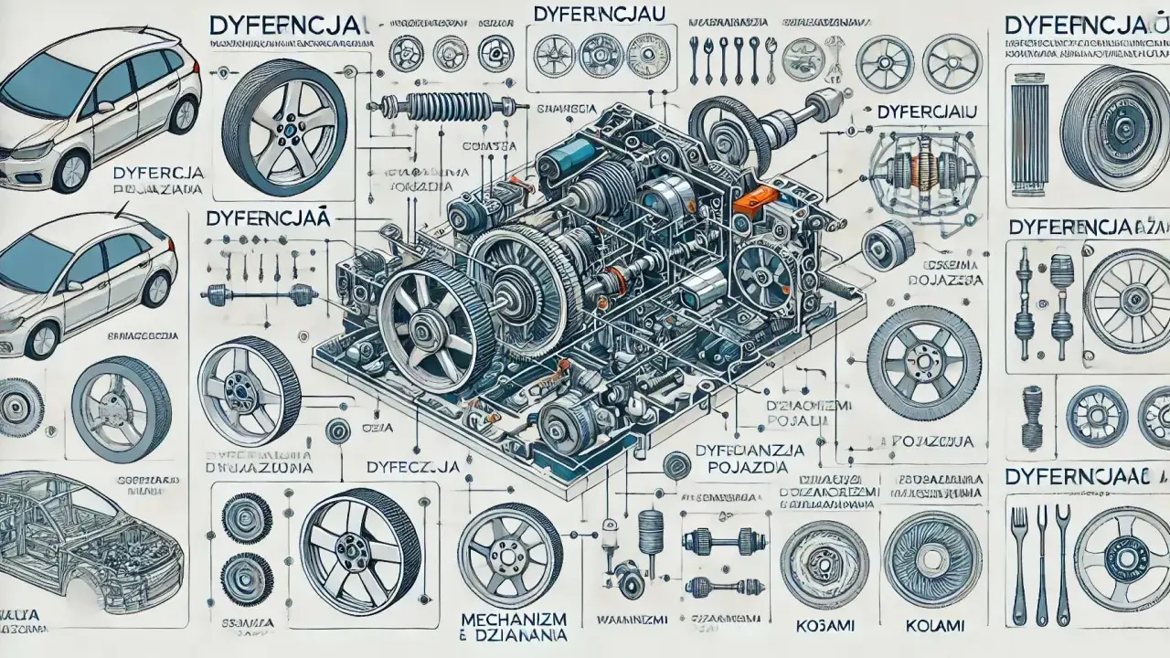 Szczegółowy schemat mechanizmu różnicowego z elementami pojazdu i kołami.
