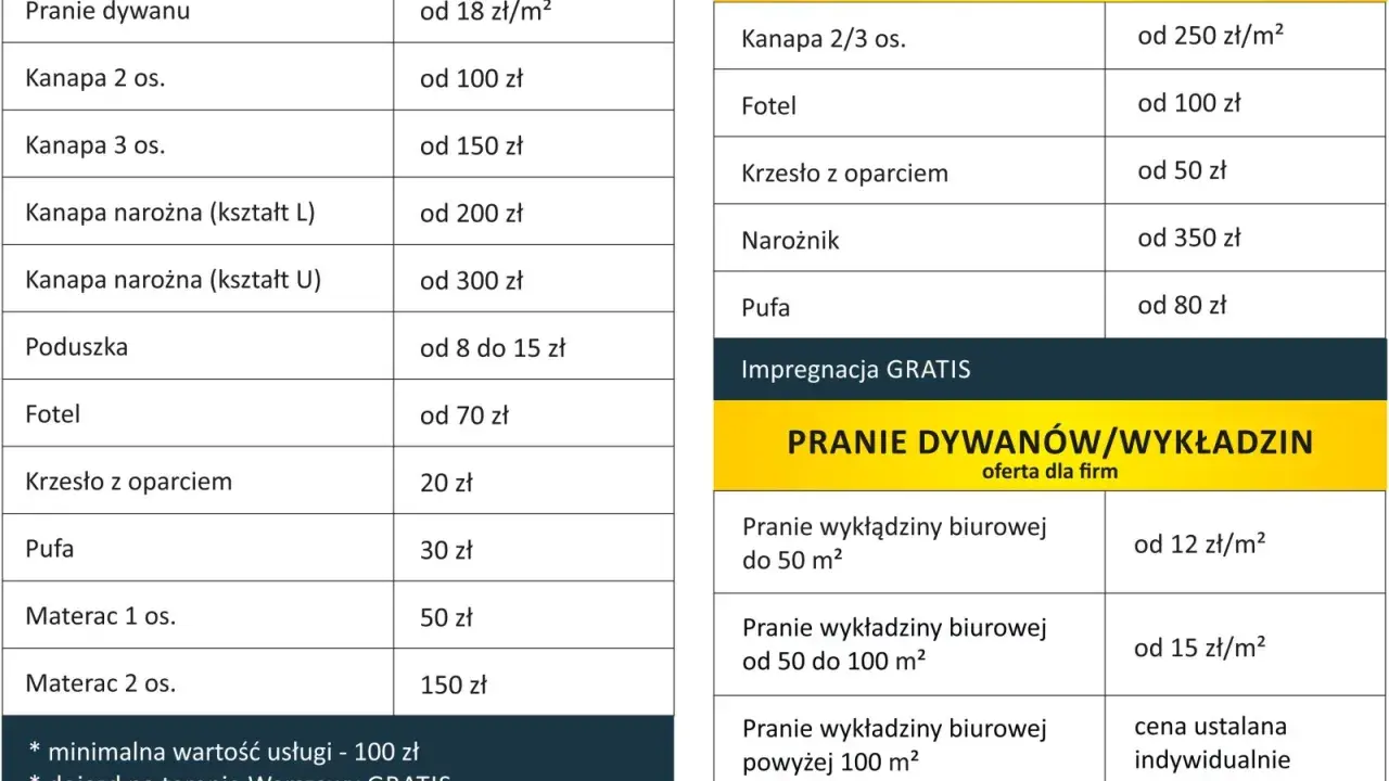 Pranie tapicerki samochodowej cennik: kanapy, fotele, krzesła, pufy, materace. Ceny od 8 zł. Dostępne też czyszczenie skór.