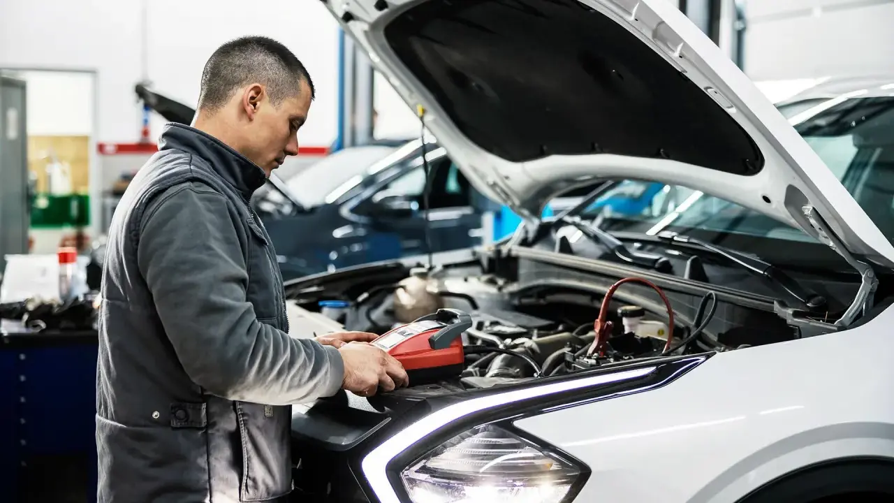 Mechanik sprawdza stan akumulatora, przygotowując samochód do przeglądu. Opłata za przegląd samochodu obejmuje takie diagnostyki.