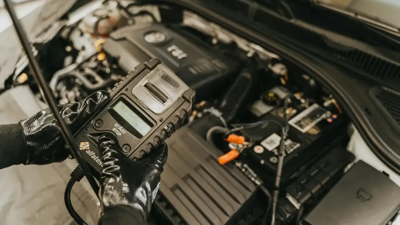 Mechanik w rękawiczkach trzyma tester akumulatora, który może zawierać czujnik Halla, sprawdzając stan pojazdu.