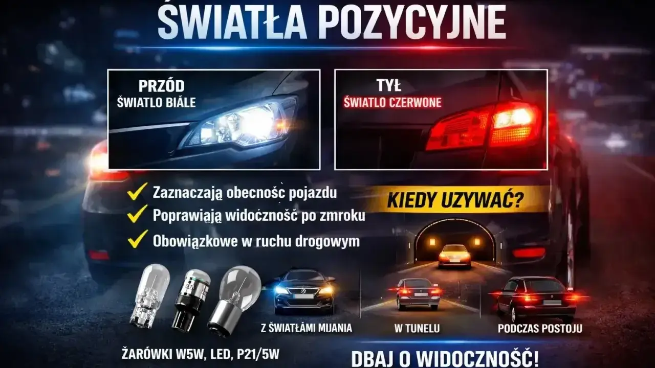 Światła pozycyjne: białe z przodu, czerwone z tyłu. Zapewniają widoczność i bezpieczeństwo na drodze.