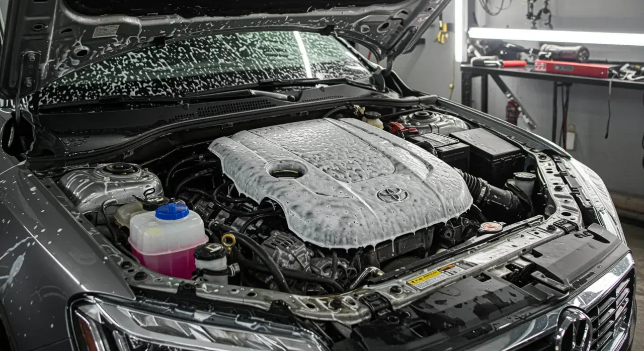 Mycie komory silnika Toyoty. Piana pokrywa pokrywę silnika i błotniki, przygotowując do gruntownego czyszczenia.