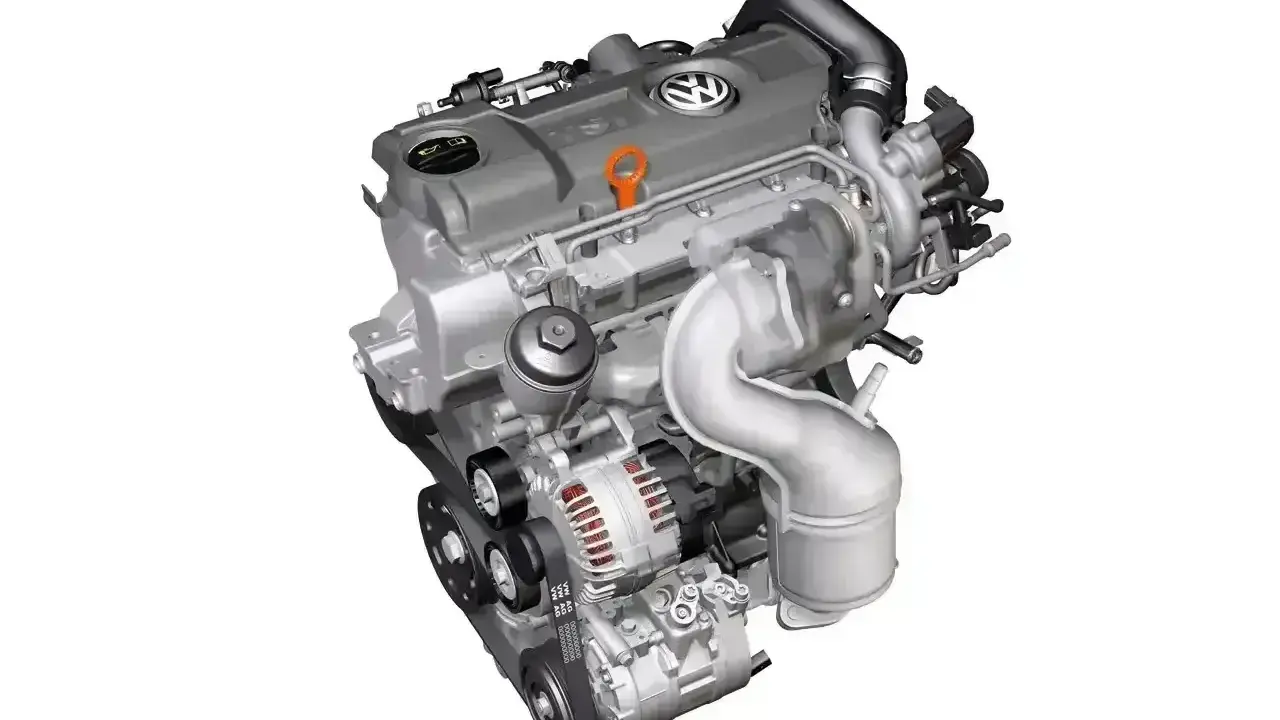 Nowoczesny silnik diesla Volkswagena z turbosprężarką i paskiem napędowym.