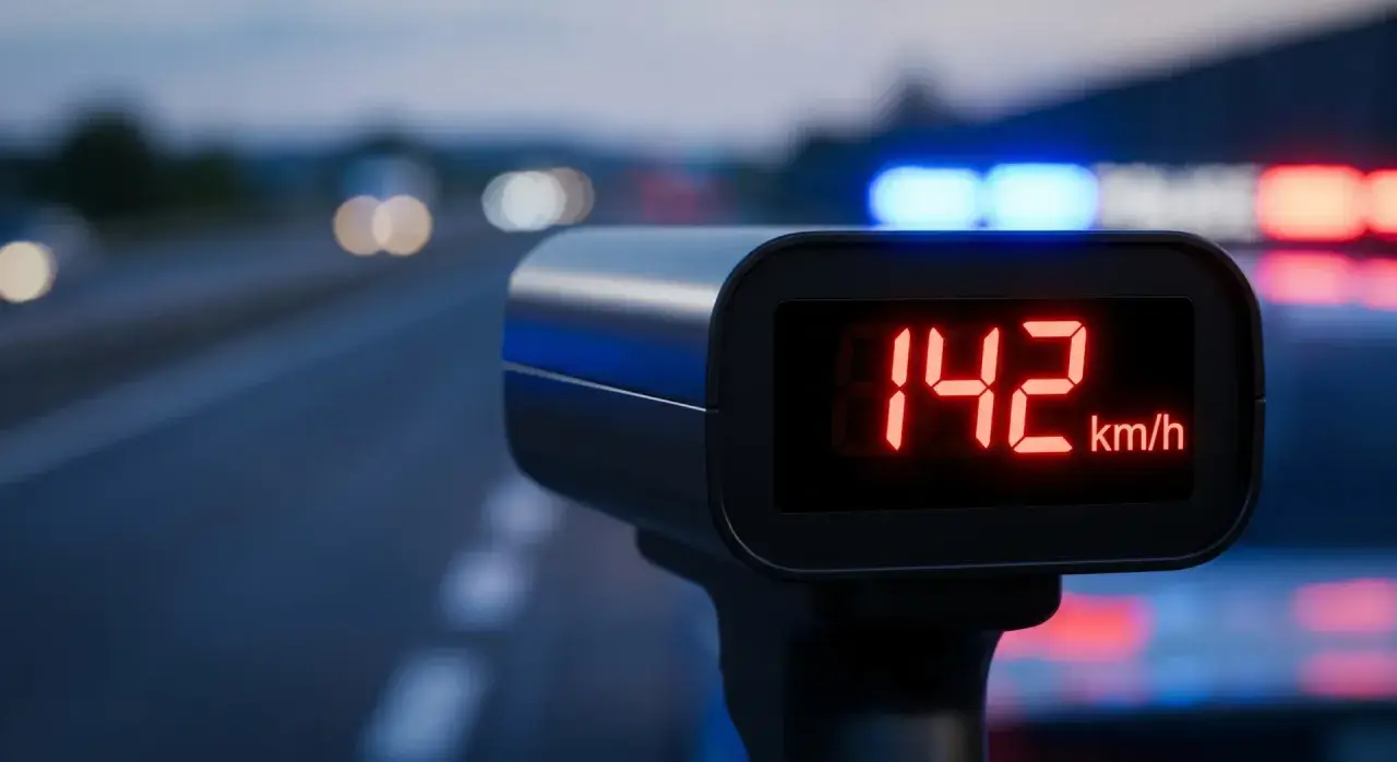 Radar mierzy 142 km/h. Szybka jazda nocą, policyjne światła i zbliżający się mandat za przekroczenie prędkości.