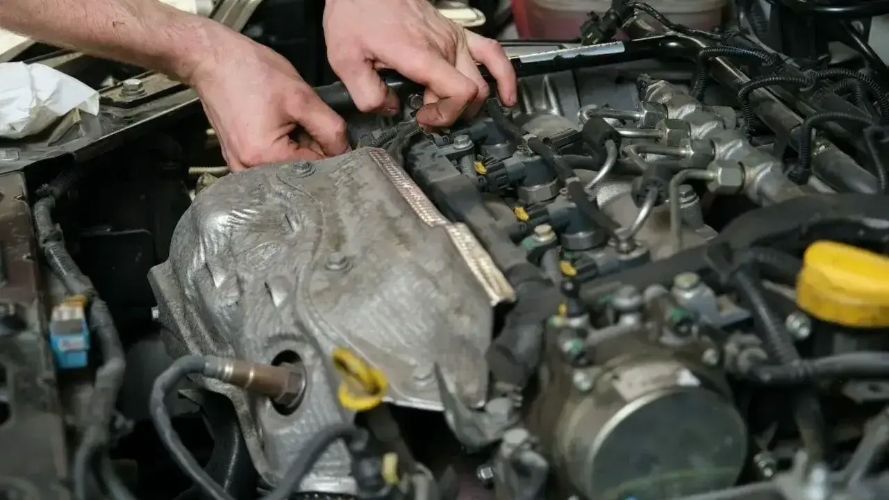 Ręce mechanika pracujące przy silniku samochodowym, widoczne elementy układu paliwowego i czujnik.