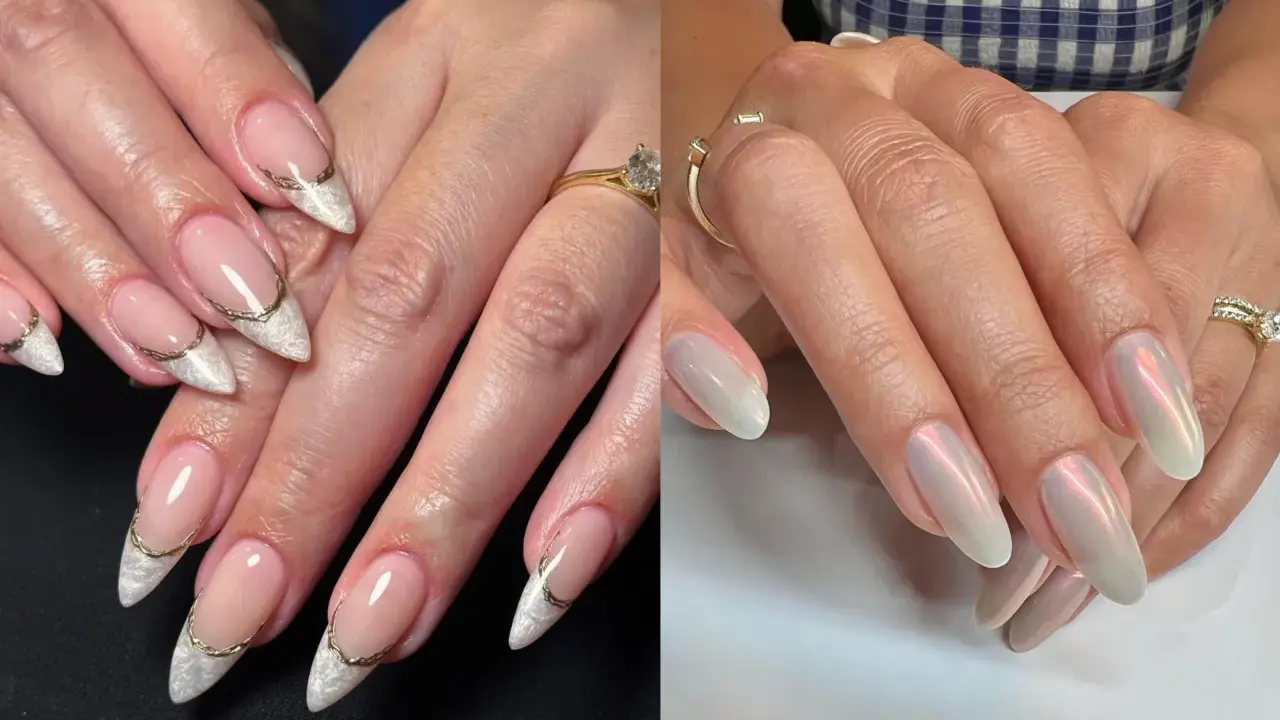 Dwa zestawy paznokci: jeden z francuskim manicure i złotymi zdobieniami, drugi z opalizującym, perłowym kolorem.