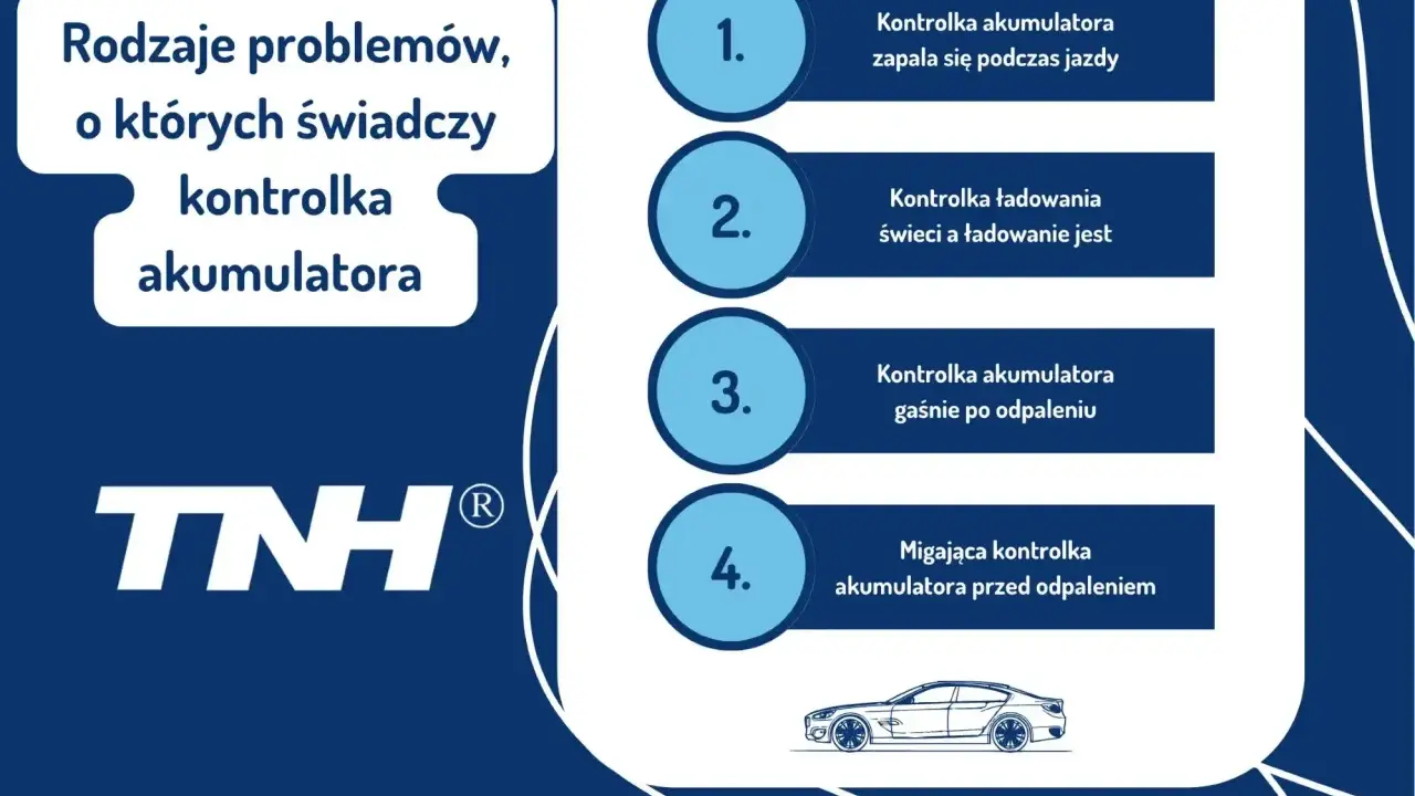 Rodzaje problemów, o których świadczy kontrolka akumulatora: zapala się podczas jazdy, świeci, gaśnie po odpaleniu lub miga przed odpaleniem.