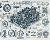 Szczegółowy schemat mechanizmu różnicowego z elementami pojazdu i kołami.