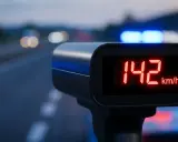 Radar mierzy 142 km/h. Szybka jazda nocą, policyjne światła i zbliżający się mandat za przekroczenie prędkości.