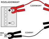 Schemat pokazuje, jak wymienić akumulator: czerwony kabel do plusa, czarny do masy.