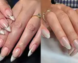 Dwa zestawy paznokci: jeden z francuskim manicure i złotymi zdobieniami, drugi z opalizującym, perłowym kolorem.