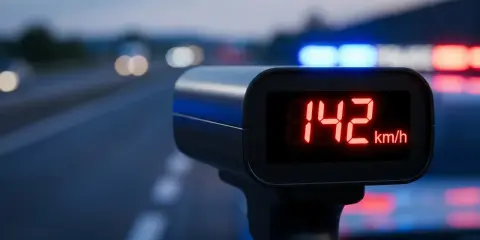 Radar mierzy 142 km/h. Szybka jazda nocą, policyjne światła i zbliżający się mandat za przekroczenie prędkości.
