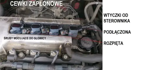 Silnik samochodowy z widocznymi cewkami zapłonowymi, śrubami mocującymi do głowicy i wtyczkami od sterownika.