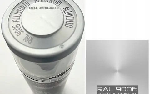 Puszka z lakierem IXELL. Na wieczku widnieje napis "RAL 9006 ALUMINIUM", a obok próbka koloru RAL 9006 White Aluminium (Metallic).