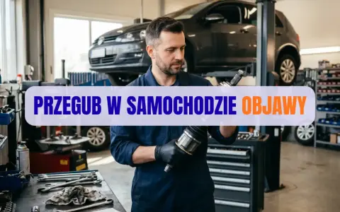 Mechanik w warsztacie samochodowym trzyma przegub. Na ekranie napis "Przegub w samochodzie objawy".