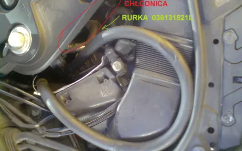 Silnik Passata B5. Rurka 038131521L, tu była kiedyś chłodnica. Korek spustowy chłodnicy jest w innym miejscu.