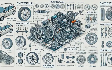 Szczegółowy schemat mechanizmu różnicowego z elementami pojazdu i kołami.