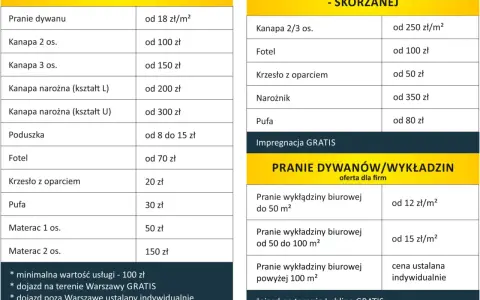 Pranie tapicerki samochodowej cennik: kanapy, fotele, krzesła, pufy, materace. Ceny od 8 zł. Dostępne też czyszczenie skór.