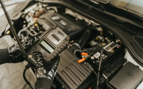 Mechanik w rękawiczkach trzyma tester akumulatora, który może zawierać czujnik Halla, sprawdzając stan pojazdu.
