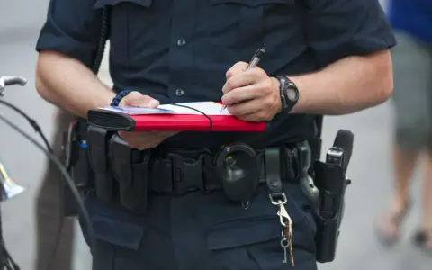 Policjant spisuje mandat, trzymając w ręku notes i długopis. Na pasie ma kaburę z bronią i kajdanki.