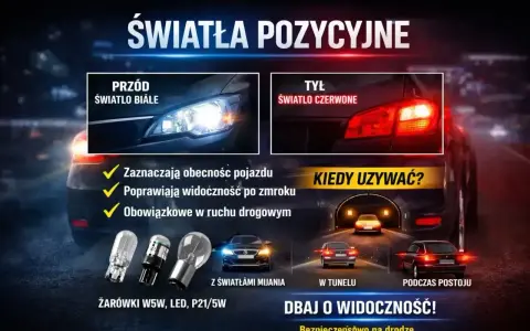 Światła pozycyjne: białe z przodu, czerwone z tyłu. Zapewniają widoczność i bezpieczeństwo na drodze.