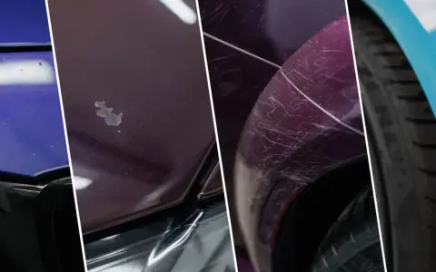 Widoczne odpryski na lakierze samochodowym: drobne uszkodzenia, rysy i większe ubytki na różnych kolorach karoserii.
