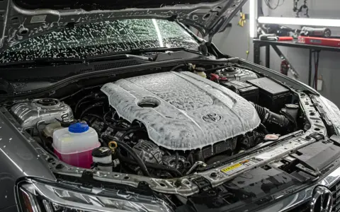 Mycie komory silnika Toyoty. Piana pokrywa pokrywę silnika i błotniki, przygotowując do gruntownego czyszczenia.