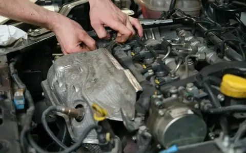 Ręce mechanika pracujące przy silniku samochodowym, widoczne elementy układu paliwowego i czujnik.