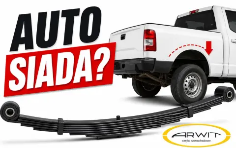Biały pickup z napisem "AUTO SIADA?". Pod nim widać nowe resory piórowe, gotowe do montażu.