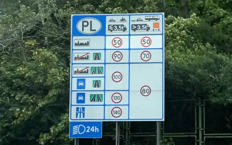 Znak drogowy PL z limitami prędkości: 50, 70, 80, 90, 100, 120, 140 km/h. Przekroczenie prędkości o 20 km/h może skutkować mandatem.