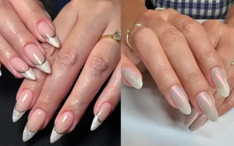 Dwa zestawy paznokci: jeden z francuskim manicure i złotymi zdobieniami, drugi z opalizującym, perłowym kolorem.