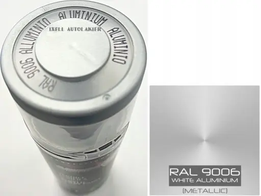 Puszka z lakierem IXELL. Na wieczku widnieje napis "RAL 9006 ALUMINIUM", a obok próbka koloru RAL 9006 White Aluminium (Metallic).