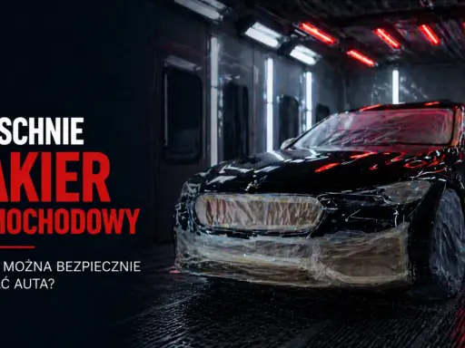 Czarny samochód w kabinie lakierniczej, częściowo oklejony folią. Tekst: "Ile schnie lakier samochodowy?".