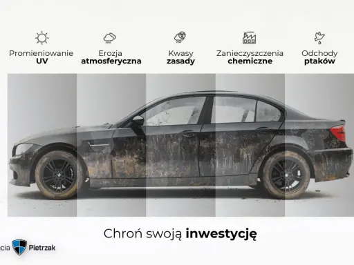 Błotnisty samochód pokazuje skutki promieniowania UV, erozji, kwasów, zanieczyszczeń i ptasich odchodów. Zabezpiecz auto przed tymi czynnikami dzięki kataforezie.
