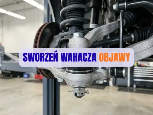 Widok na zawieszenie samochodu z widocznymi sworzeniami wahacza. Napis "SWORZEŃ WAHACZA OBJAWY" sugeruje problemy z tym elementem.