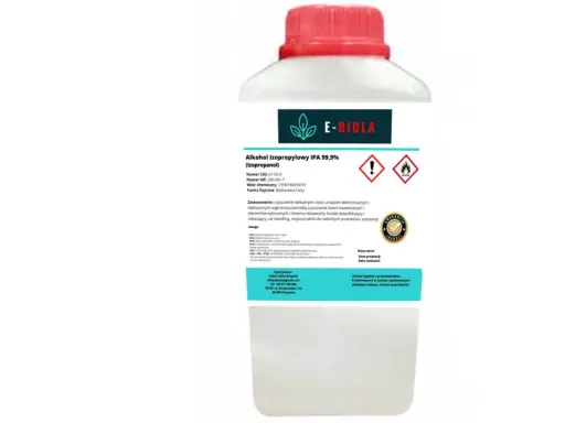 Butelka z etykietą opisującą alkohol izopropylowy IPA 99,9% (izopropanol) – środek do czyszczenia elektroniki, dezynfekcji i rozpuszczania.