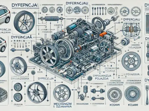 Szczegółowy schemat mechanizmu różnicowego z elementami pojazdu i kołami.