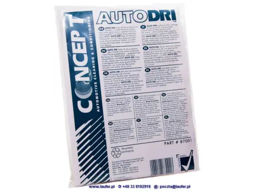 Opakowanie produktu AUTO DRI z instrukcjami w wielu językach. Skóra syntetyczna, która świetnie wchłania wodę, jak ircha.