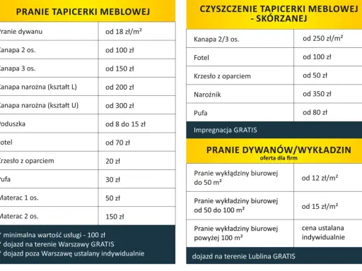 Pranie tapicerki samochodowej cennik: kanapy, fotele, krzesła, pufy, materace. Ceny od 8 zł. Dostępne też czyszczenie skór.