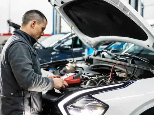 Mechanik sprawdza stan akumulatora, przygotowując samochód do przeglądu. Opłata za przegląd samochodu obejmuje takie diagnostyki.