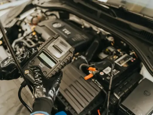 Mechanik w rękawiczkach trzyma tester akumulatora, który może zawierać czujnik Halla, sprawdzając stan pojazdu.