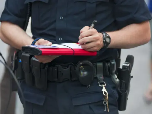 Policjant spisuje mandat, trzymając w ręku notes i długopis. Na pasie ma kaburę z bronią i kajdanki.