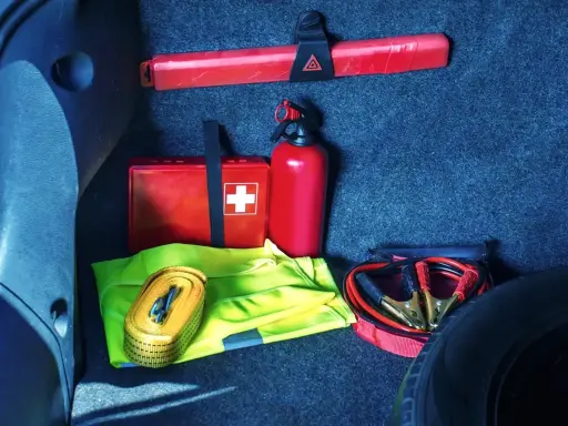 Apteczka, gaśnica, trójkąt i kable rozruchowe w bagażniku. Brak gaśnicy grozi mandatem.