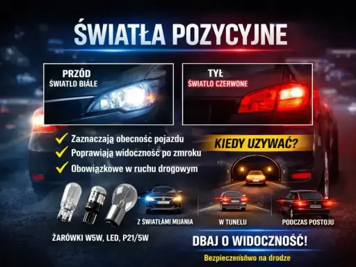 Światła pozycyjne: białe z przodu, czerwone z tyłu. Zapewniają widoczność i bezpieczeństwo na drodze.
