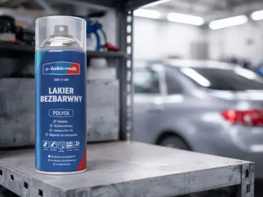 Puszka lakieru bezbarwnego e-lakiernik na półce warsztatowej. Idealny do samodzielnych prac, zapewnia połysk i ochronę.