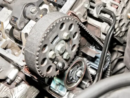 Zbliżenie na mechanizm rozrządu silnika, widoczny jest czujnik położenia wałka rozrządu, koło pasowe i pasek.