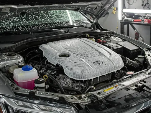 Mycie komory silnika Toyoty. Piana pokrywa pokrywę silnika i błotniki, przygotowując do gruntownego czyszczenia.